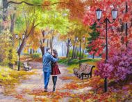 Картина - Осенний парк, скамейка, двое