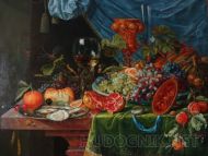 Копия голландского художника Абрахама Миньона "Натюрморт с позолоченным кубком, устрицами, бокалом и фруктами!