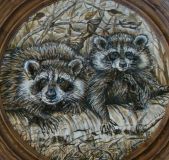 Painting on birch bark Raccoons