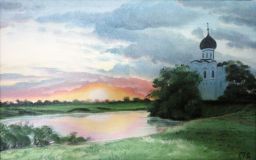Pintura al óleo "de la Iglesia por el estanque"