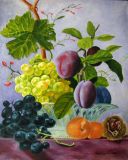 Still life with plums, grapes, peaches and a chestnut.