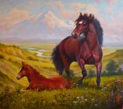 Кавказ, лошадь с жеребенком