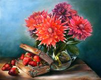 With dahlias and strawberries