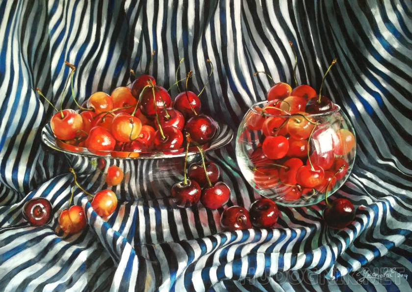 Striped still life with cherries