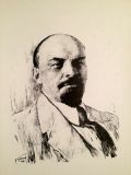 Black and white portrait of Lenin. Lithograph