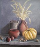Still life with pumpkin and wheat.