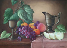 Still life with copper pitcher, melon and grapes.