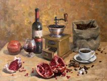 Still life with coffee and pomegranate