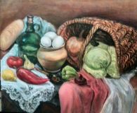 Still life with eggs, vegetables and basket