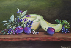 Still life with irga, melon and plums