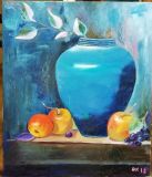 Still life with a blue vase and apples