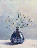 Miniature still life with a flowering branch in a blue vase
