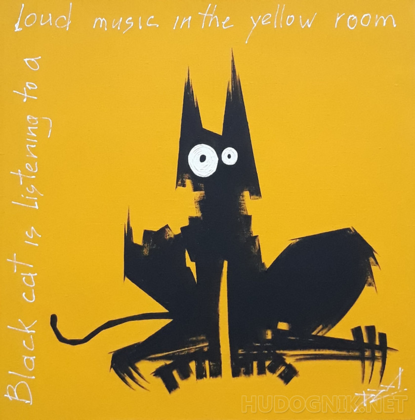 Black cat is listening to a loud music in the yellow room