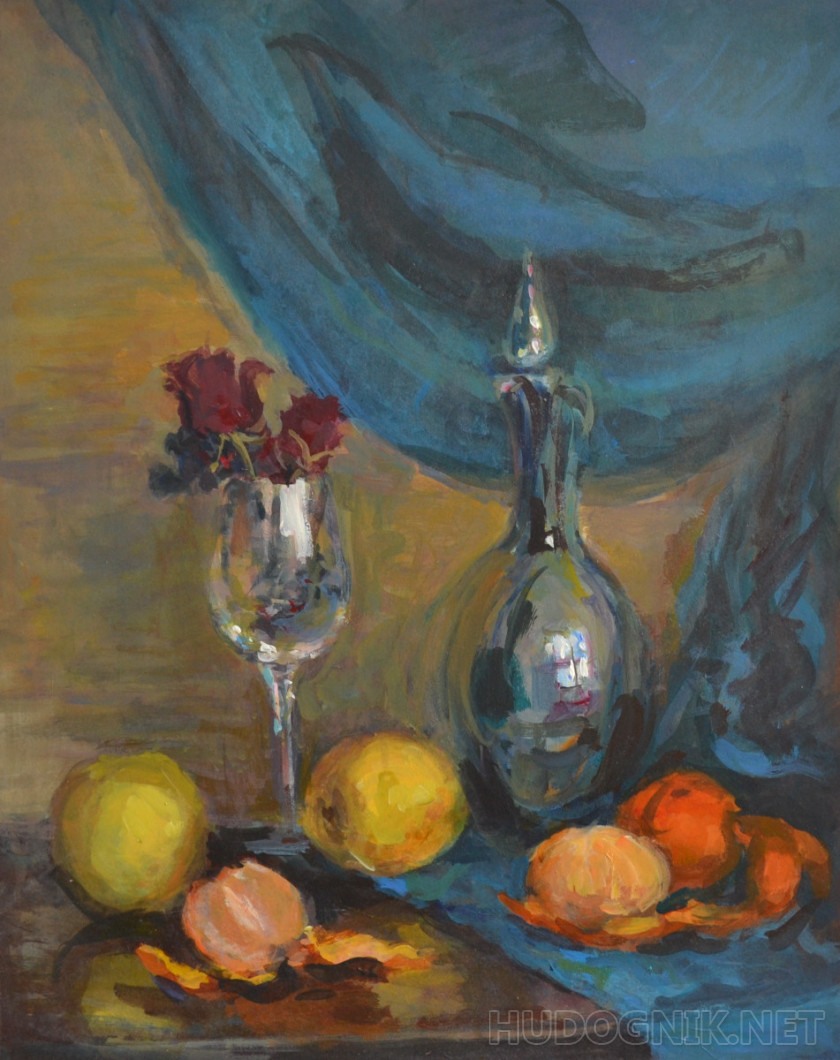 With a decanter, glass and tangerines