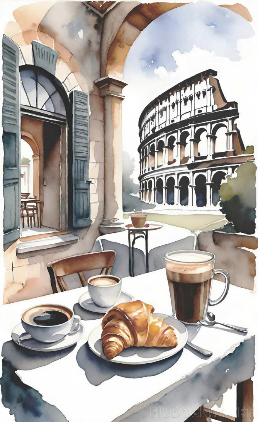 Тихая улица Рима и кофе с круассанами