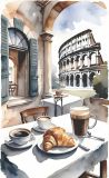 Calle tranquila de Roma y café con croissants