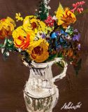 A bouquet of yellow roses in a jug