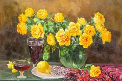 Still life with yellow roses, pear and wine