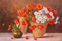 Poppies and daisies in a basket