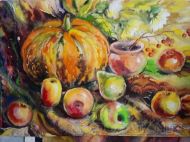 Натюрморт акварелью с тыквой, яблоками и грушами