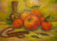 Натюрморт маслом с четками и фруктами (яблоками)