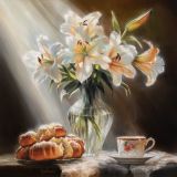 Breakfast with a bouquet of white lilies