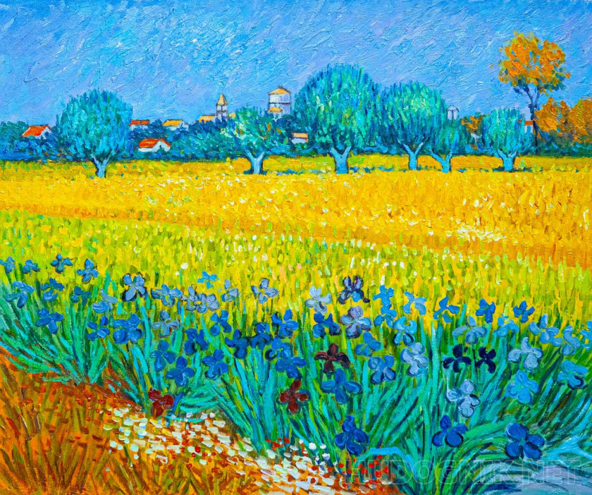 Copia del cuadro de Van Gogh. Vista de Arles con lirios en primer plano