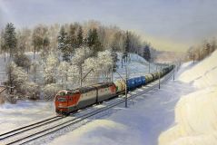 Sunny winter day. Train. Railway