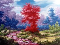 A landscape with a red tree.