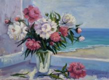 Peonies on the window by the sea