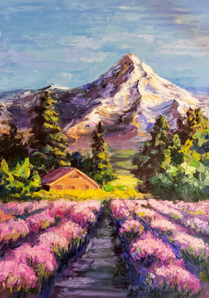 Paisaje de montaña con campos de lavanda