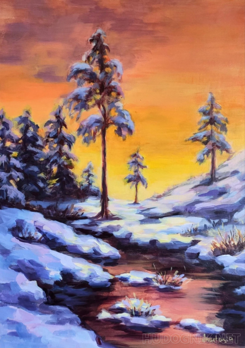 Paisaje invernal con puesta de sol