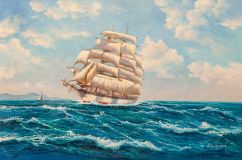 Копия картины Доусона Монтегю. Американский парусник под всеми парусами