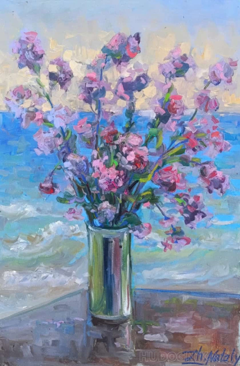Flores Lilas en el agua. Serie "naturaleza muerta al aire libre". Plein Air ZhNataly