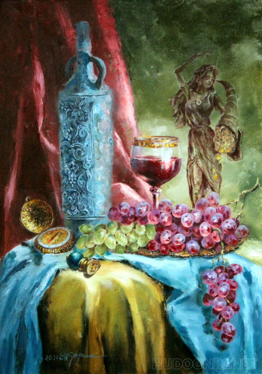Vertical still life with wine and grapes "Fortuna"