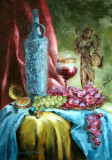 Vertical still life with wine and grapes &quot;Fortuna&quot;