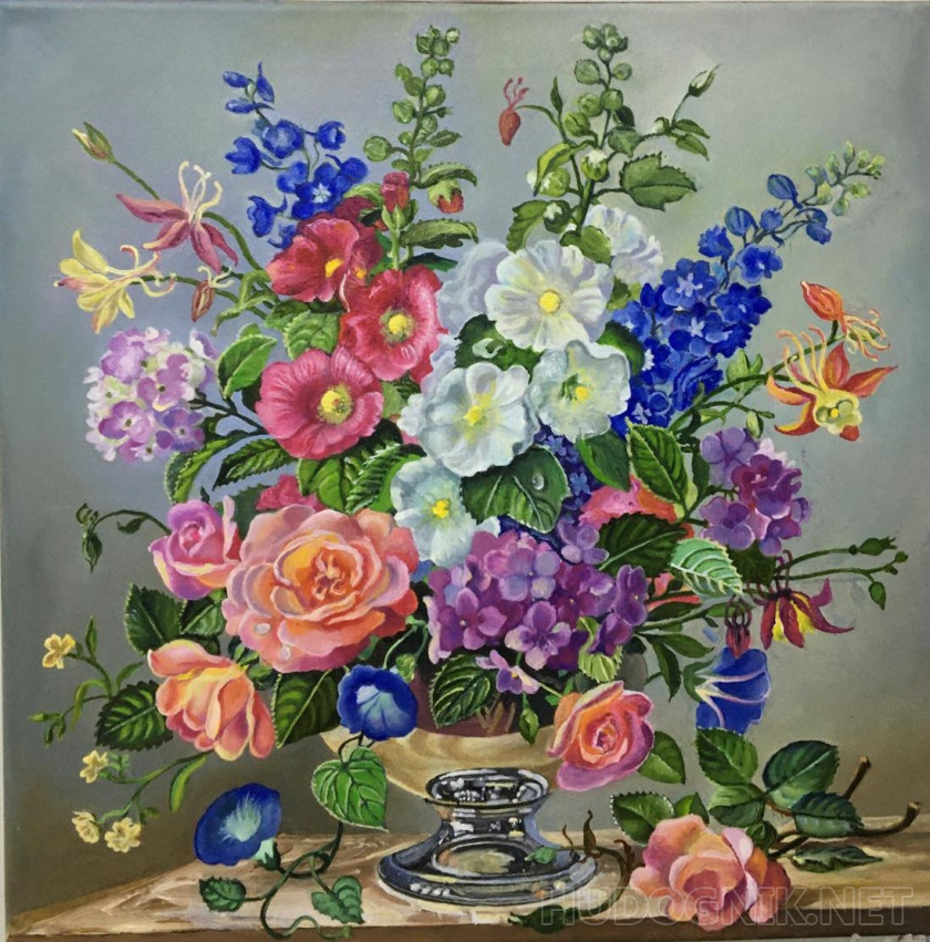 Copy of the painting by Albert Williams Delphinium and Coral roses