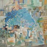 Large blue still life with a bouquet of hydrangeas