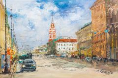 Un día de verano en Nevsky Prospekt. Vista de la Torre de la Duma