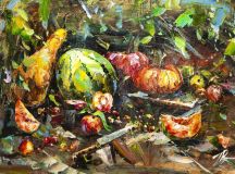 Una cosecha abundante. Bodegón con sandía, calabaza, manzanas y melocotones