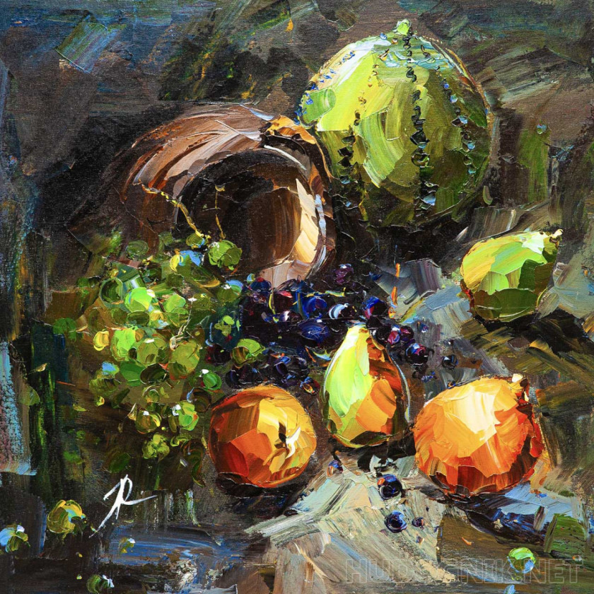 El generoso sol de Andalucía. Naturaleza muerta con peras, manzanas y sandía