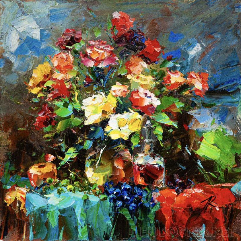 Herencia flamenca. Naturaleza muerta con un ramo de rosas, uvas, manzanas y vino