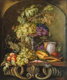 Натюрморт с креветками, дыней и виноградом в каменной нише