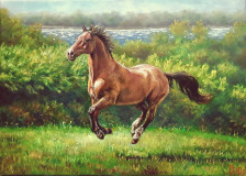 Pintó el caballo artista sobre lienzo