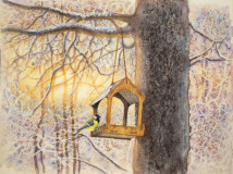 Carbonero y puesta de sol invernal