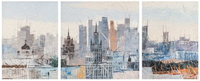 Vista aérea de la ciudad de Moscú y sus rascacielos. Tríptico