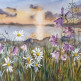 Пейзаж с колокольчиками и ромашками на закате