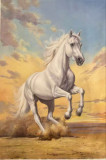 White spirit of the steppe: a horse against the background of a golden sky