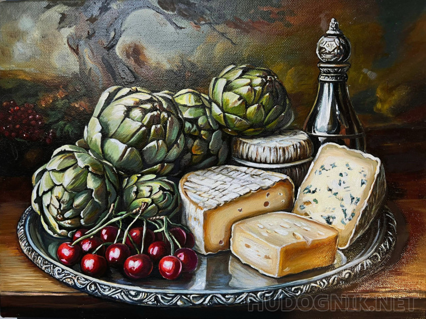 Bodegón con queso, alcachofas y cerezas