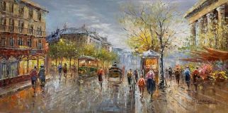 Copia libre de Antoine Blanchard «Vista del mercado de flores en la Plaza Madeleine»